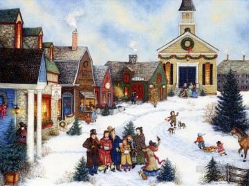 Christmas caroling in the village kids Oil Paintings